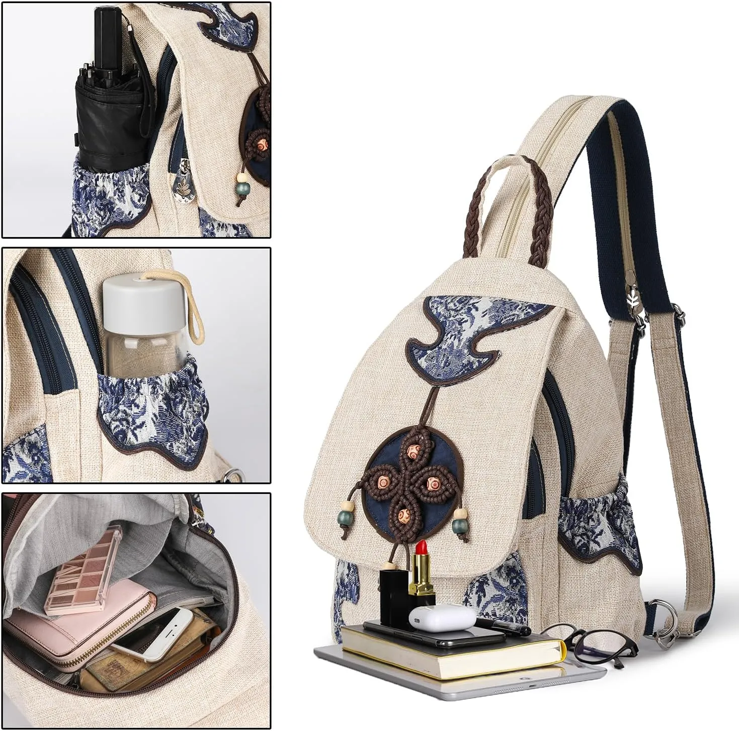 Lady's Convertible Sling Bag, Hand Craft Artisan Purse, Flower Straw Garden Stylish Canvas Casual Day Mini Backpack for Women