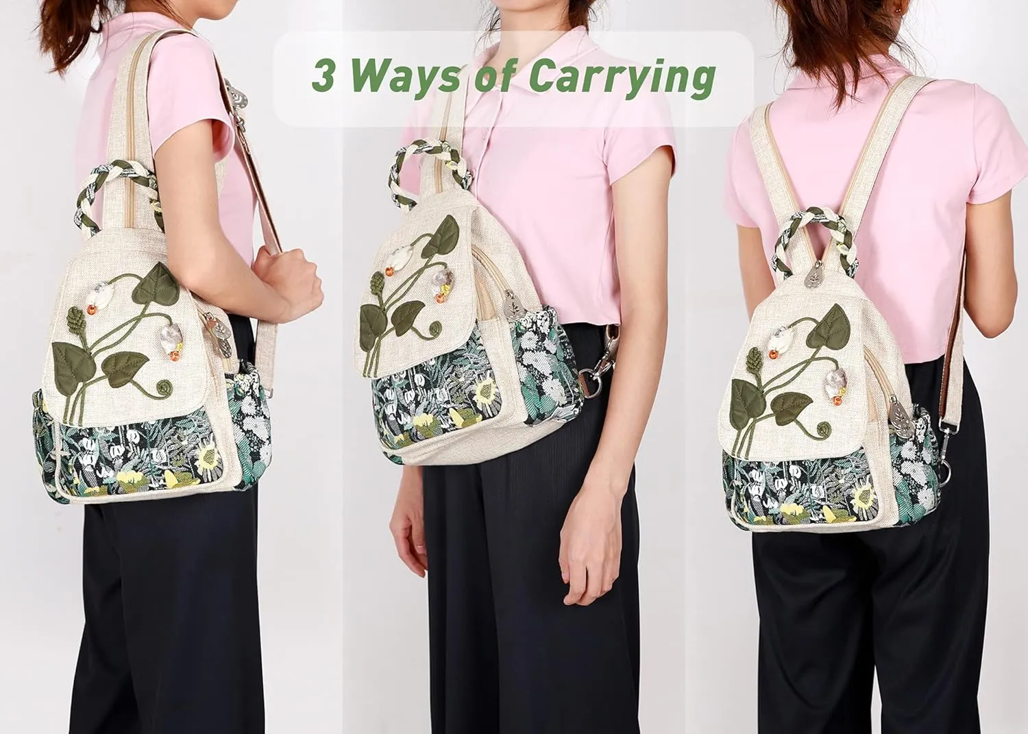 Lady's Convertible Sling Bag, Hand Craft Artisan Purse, Flower Straw Garden Stylish Canvas Casual Day Mini Backpack for Women