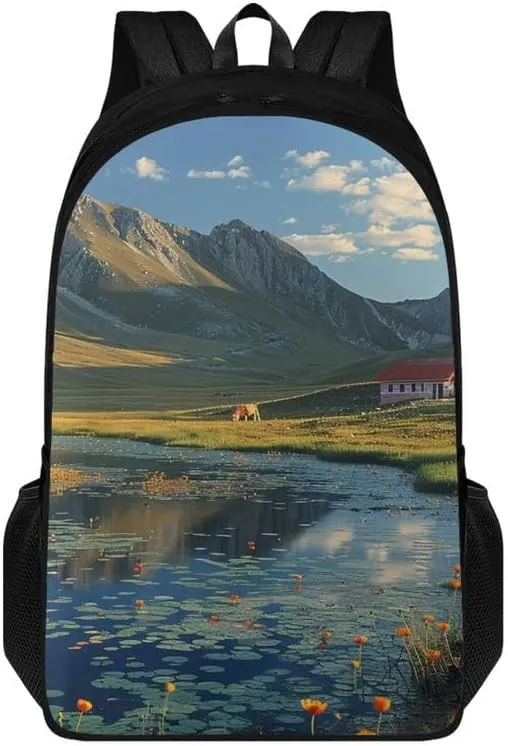 Landscape Photos Print 17.3 inch Durable College Rucksack Bag Grassland Blue Sky Travel Business Casual Backpack for Men Women Work Backpack