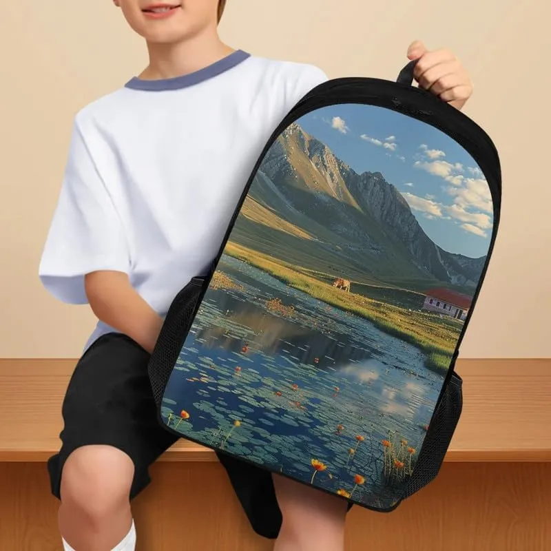 Landscape Photos Print 17.3 inch Durable College Rucksack Bag Grassland Blue Sky Travel Business Casual Backpack for Men Women Work Backpack