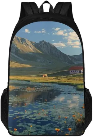 Landscape Photos Print 17.3 inch Durable College Rucksack Bag Grassland Blue Sky Travel Business Casual Backpack for Men Women Work Backpack