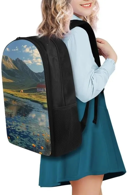 Landscape Photos Print 17.3 inch Durable College Rucksack Bag Grassland Blue Sky Travel Business Casual Backpack for Men Women Work Backpack