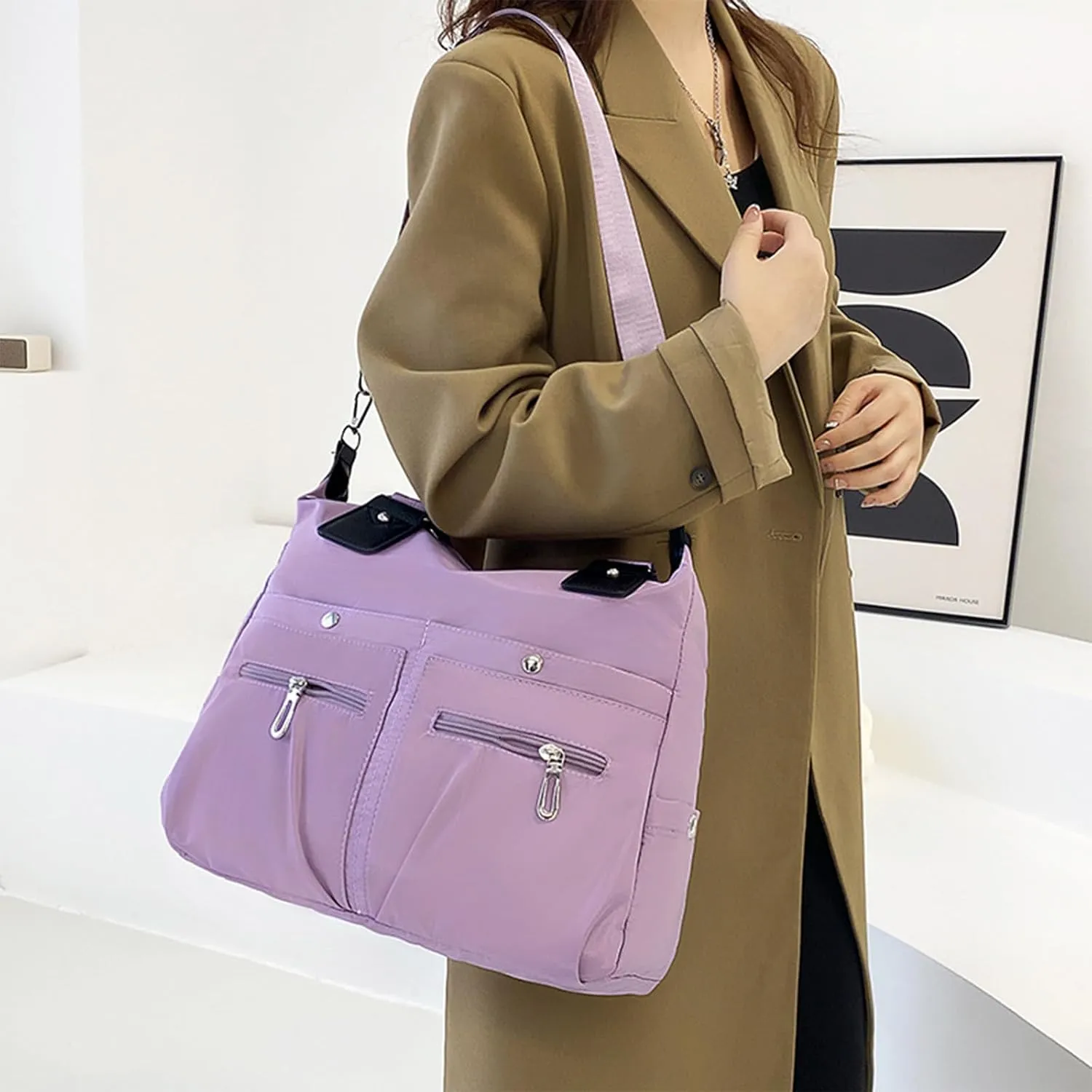 Langrents Crossbody Bag, Langrents Nylon Tote Bag, Large Capacity Waterproof Multi Pocket Shoulder Bag with Zipper