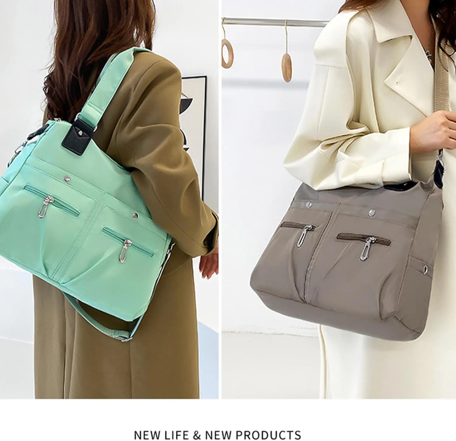 Langrents Crossbody Bag, Langrents Nylon Tote Bag, Large Capacity Waterproof Multi Pocket Shoulder Bag with Zipper