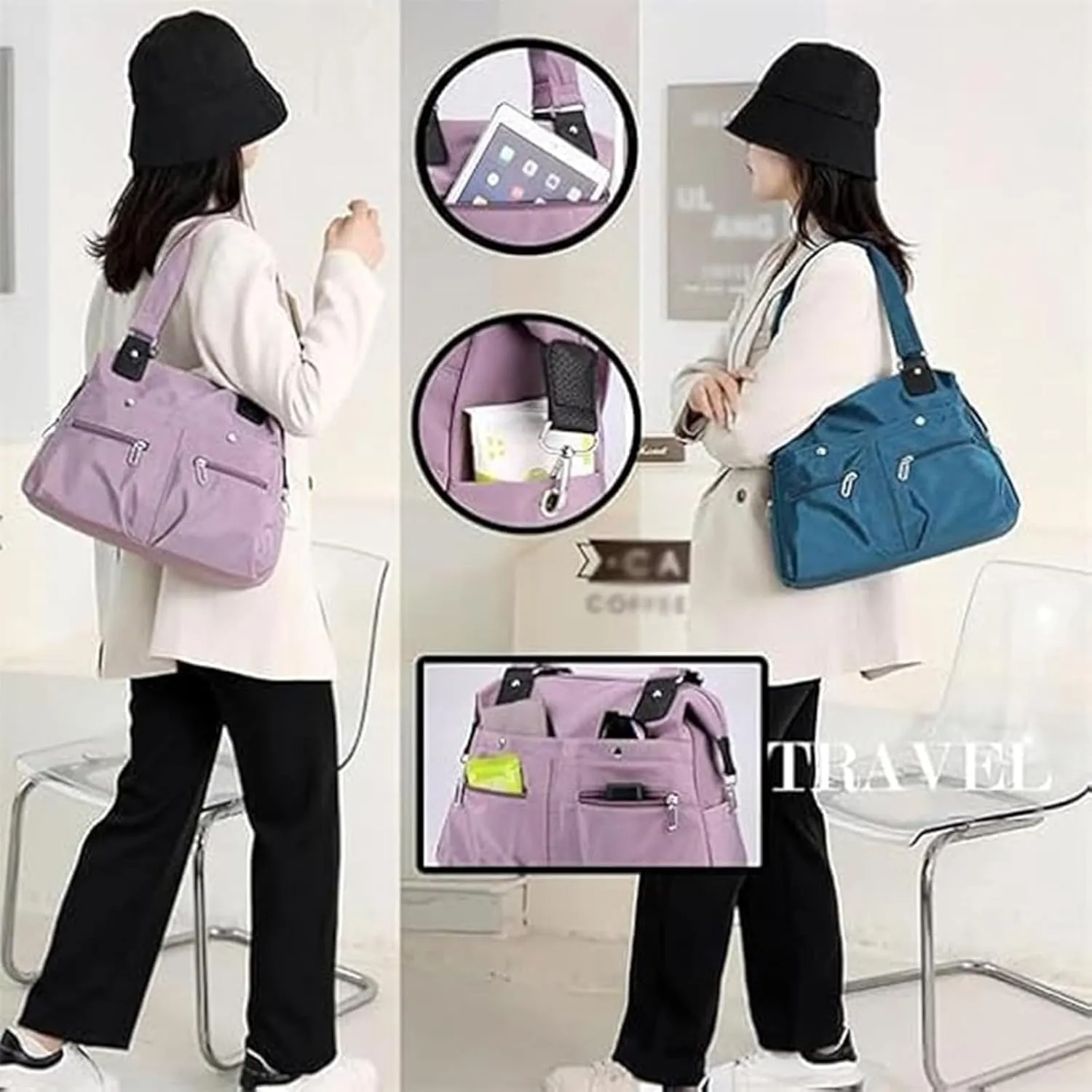 Langrents Crossbody Bag, Langrents Nylon Tote Bag, Large Capacity Waterproof Multi Pocket Shoulder Bag with Zipper