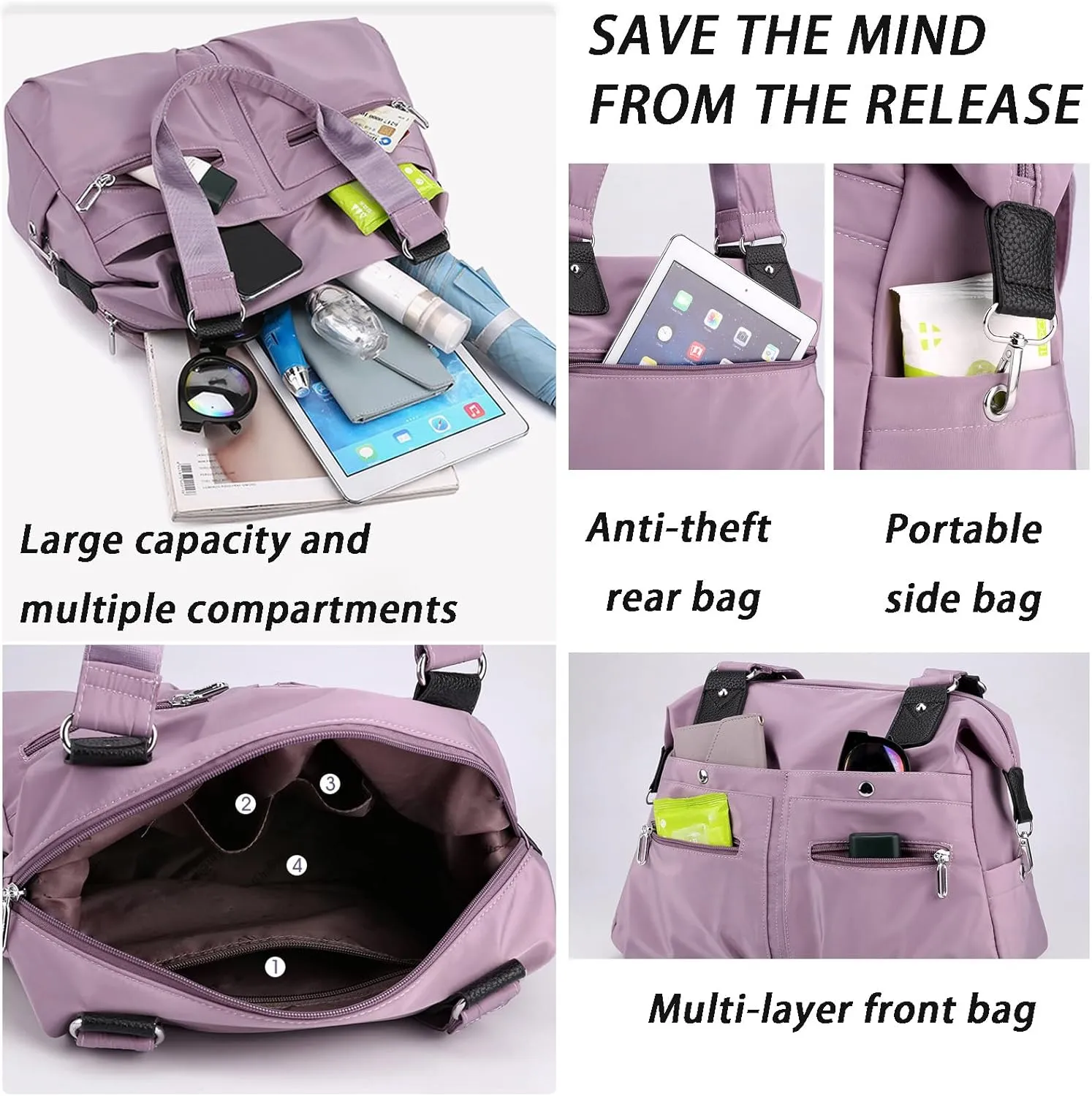 Langrents Nylon Tote Bag, Langrents Large Capacity Waterproof Multi Pocket Shoulder Bag, Crossbody Travel Messenger Bag