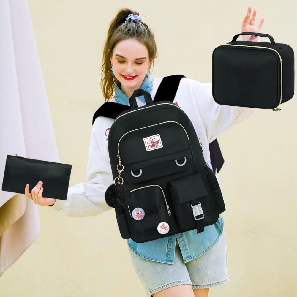 Laptop Backpack for Girls Women, 15.6" Cute Aesthetic Computer Water Resistant Anti Theft College School Bookbag with Lunch Box for Teens Students - Black
