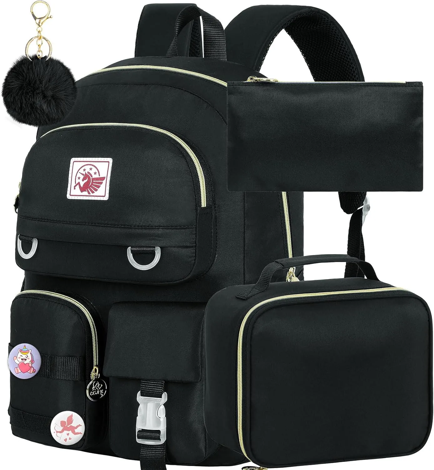 Laptop Backpack for Girls Women, 15.6" Cute Aesthetic Computer Water Resistant Anti Theft College School Bookbag with Lunch Box for Teens Students - Black