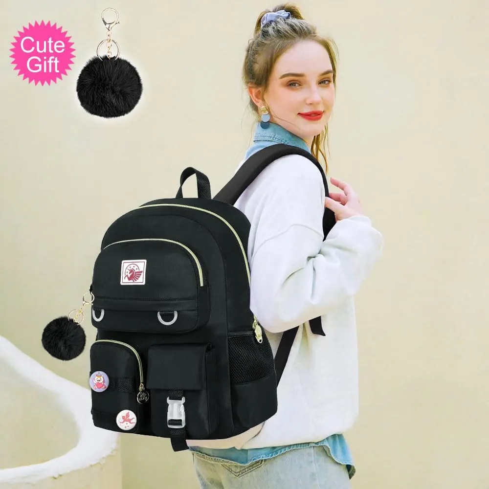 Laptop Backpack for Girls Women, 15.6" Cute Aesthetic Computer Water Resistant Anti Theft College School Bookbag with Lunch Box for Teens Students - Black