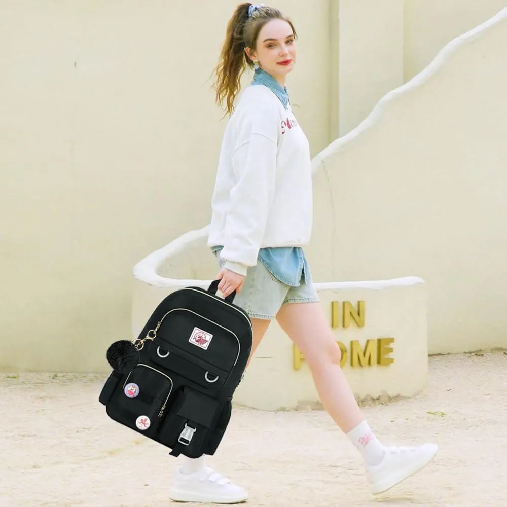 Laptop Backpack for Girls Women, 15.6" Cute Aesthetic Computer Water Resistant Anti Theft College School Bookbag with Lunch Box for Teens Students - Black