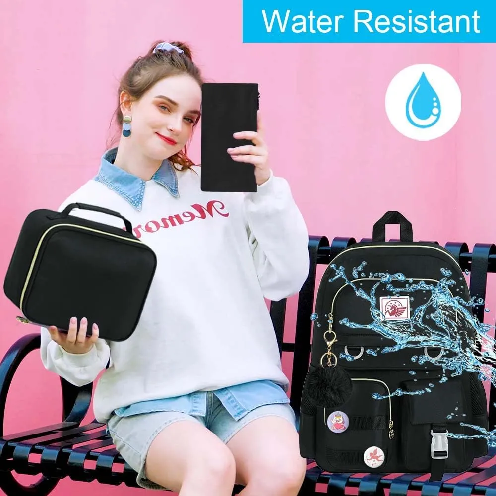 Laptop Backpack for Girls Women, 15.6" Cute Aesthetic Computer Water Resistant Anti Theft College School Bookbag with Lunch Box for Teens Students - Black
