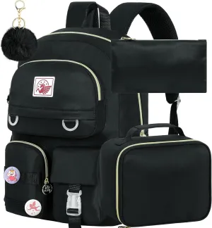 Laptop Backpack for Girls Women, 15.6" Cute Aesthetic Computer Water Resistant Anti Theft College School Bookbag with Lunch Box for Teens Students - Black
