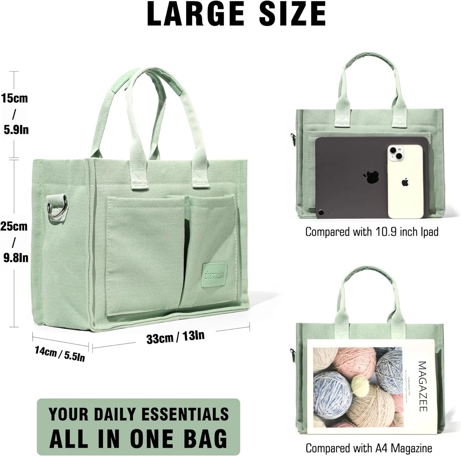 Large Canvas Tote Bag for Women with Pockets, Crossbody Shoulder Handbag Work Bags for Travel and Everyday Use