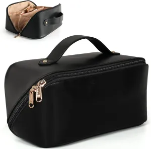 Large Capacity Cosmetic Bag, Travel Cosmetic Storage Bag with Handle, Portable Zipper Cosmetic Bag Toiletry Bag Makeup Bag Large with Compartments for Women Girls (Black)