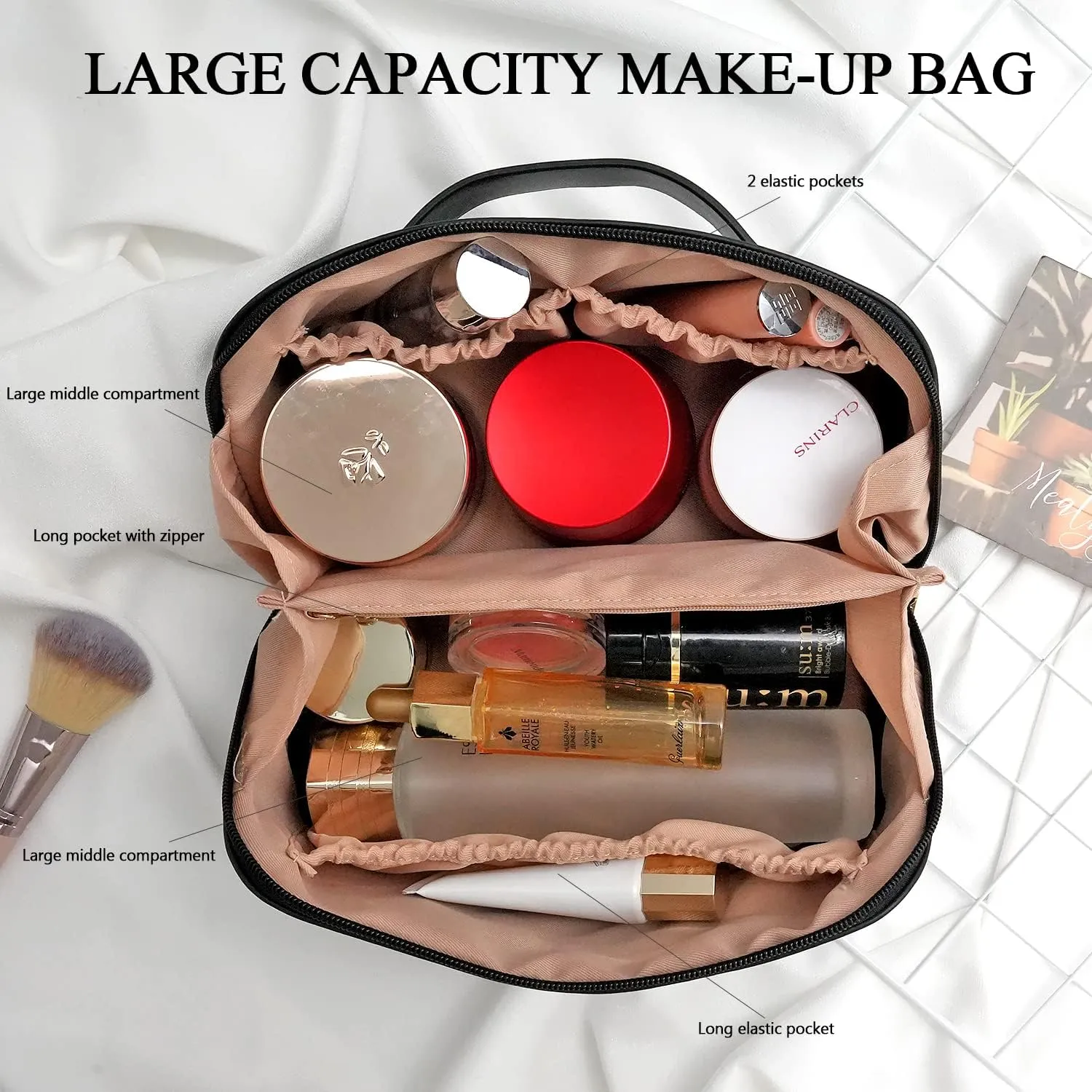 Large Capacity Cosmetic Bag, Travel Cosmetic Storage Bag with Handle, Portable Zipper Cosmetic Bag Toiletry Bag Makeup Bag Large with Compartments for Women Girls (Black)
