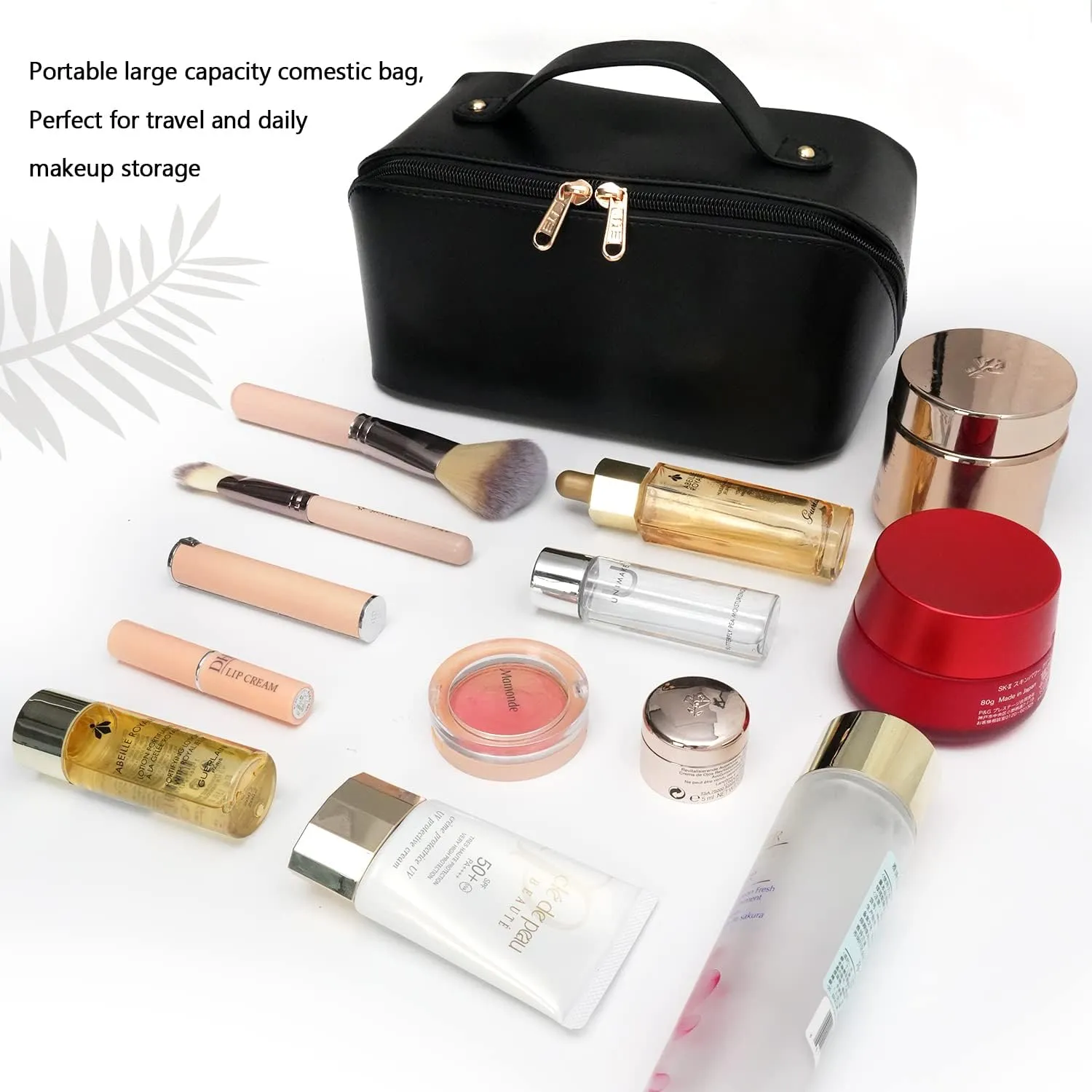 Large Capacity Cosmetic Bag, Travel Cosmetic Storage Bag with Handle, Portable Zipper Cosmetic Bag Toiletry Bag Makeup Bag Large with Compartments for Women Girls (Black)