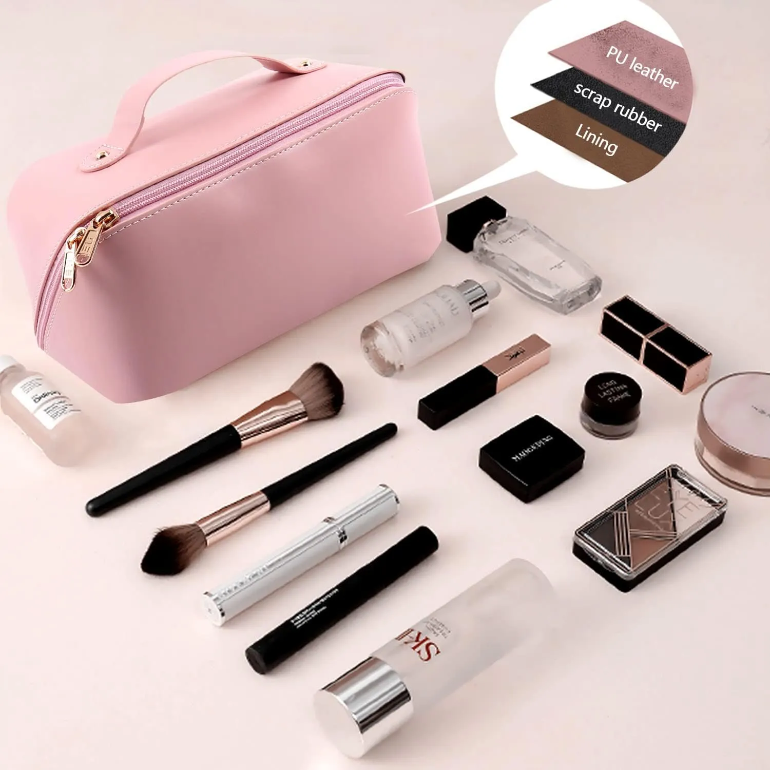Large Capacity Cosmetic Bag, Travel Cosmetic Storage Bag with Handle, Portable Zipper Cosmetic Bag Toiletry Bag Makeup Bag Large with Compartments for Women Girls