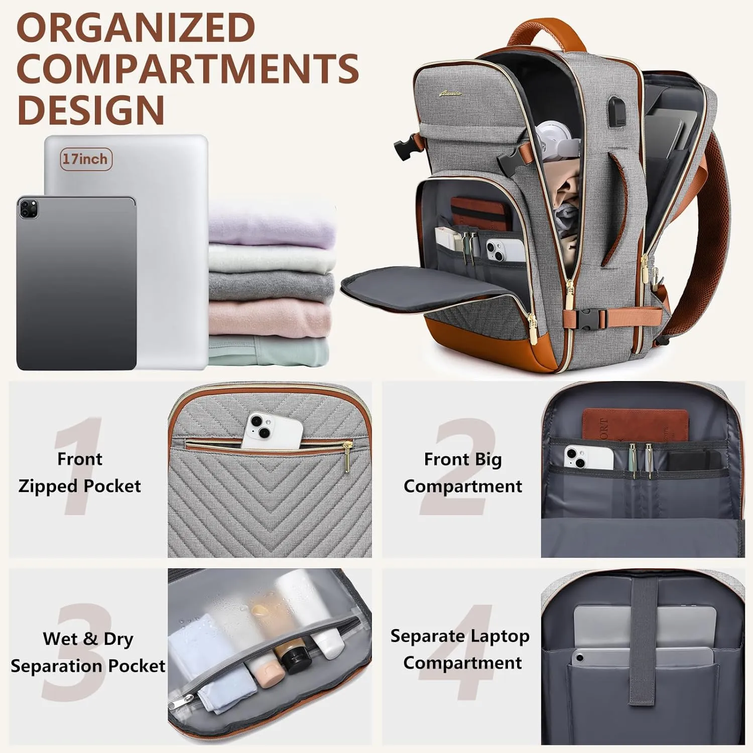 Large Carry On Travel Backpack: Flight Approved 40L Waterproof Personal Item Daypack for Women Weekender Bag fit 17inch Laptop Luggage Backpack Traveling Business with USB Port and 3 Packing Cubes