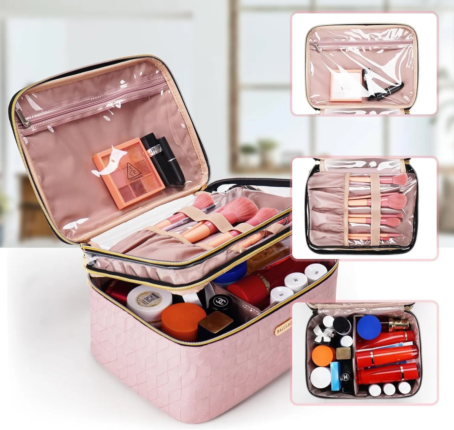 Large Travel Makeup Bag - Double-Layer Cosmetic Organizer for Brushes and Toiletry Essentials, Ideal for Women