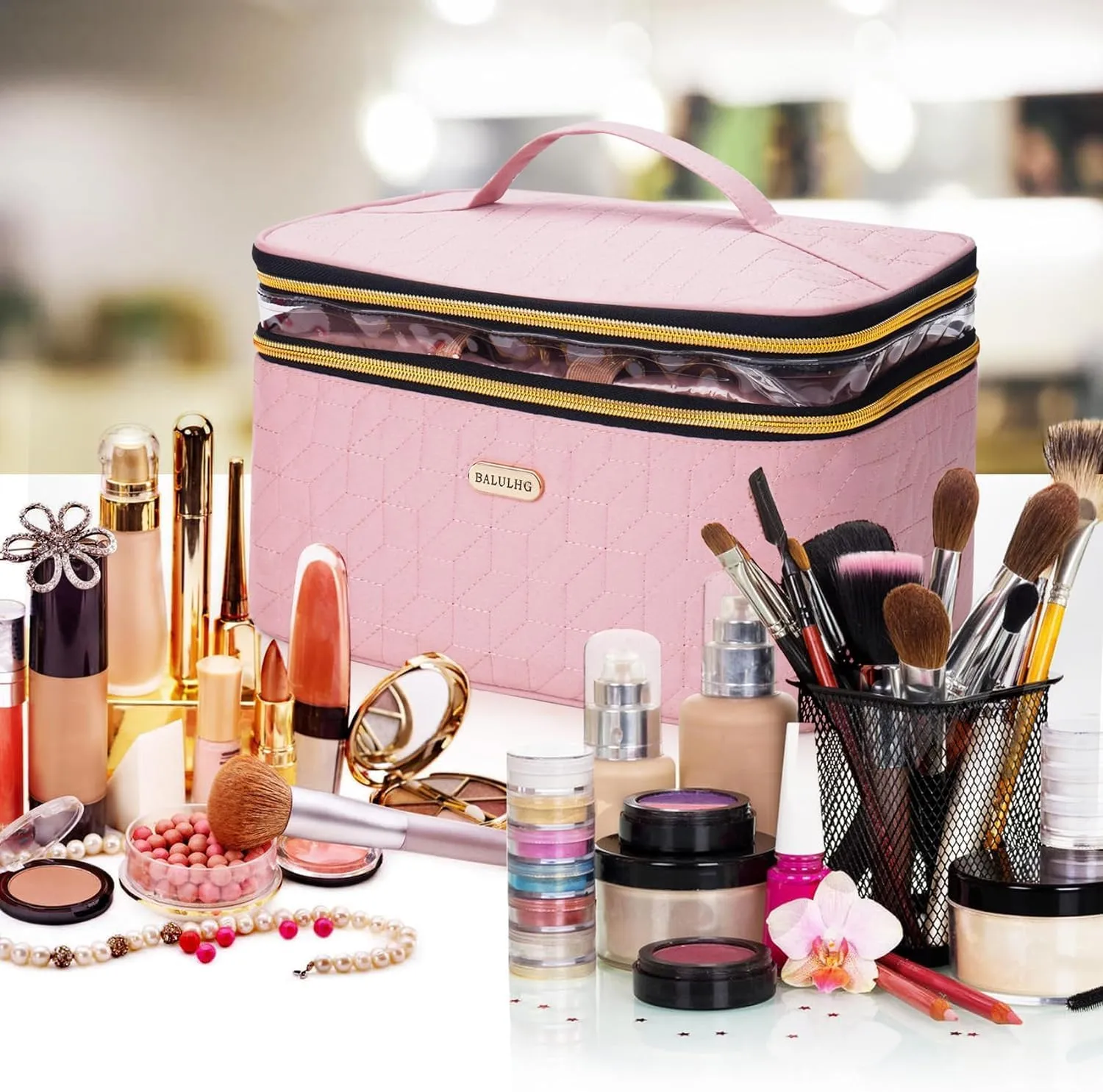 Large Travel Makeup Bag - Double-Layer Cosmetic Organizer for Brushes and Toiletry Essentials, Ideal for Women