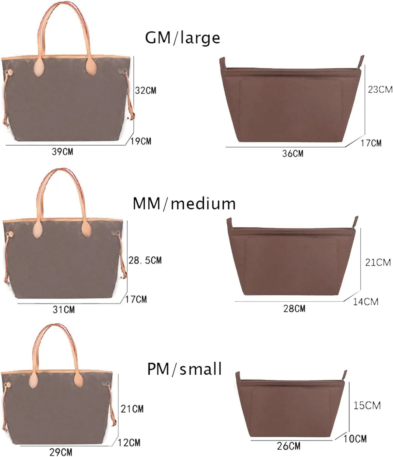 Lckaey Purse Insert Organizer for Neverfull pm mm gm Bag Liner Shaper purse kit insert 1070coffee-S