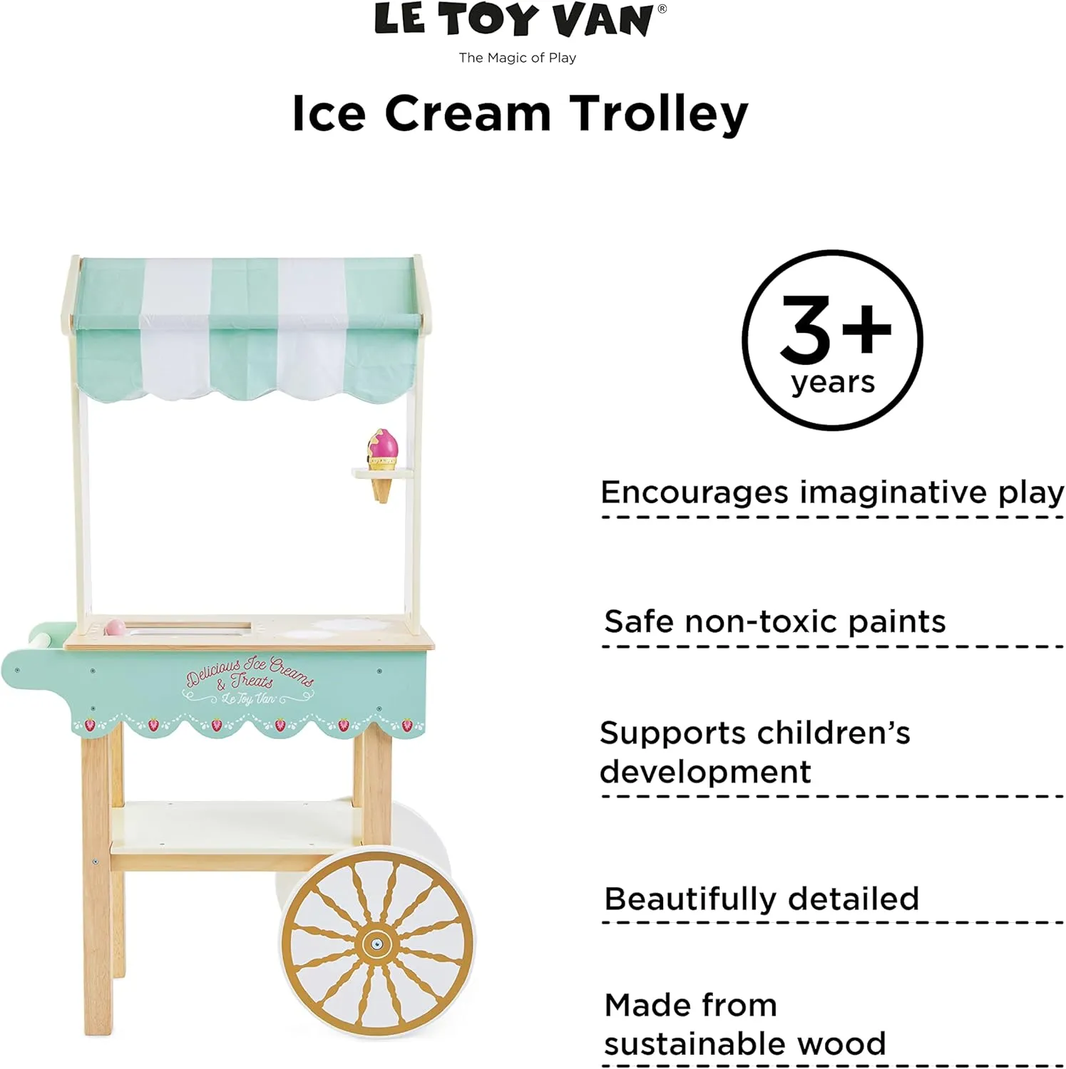 Le Toy Van - Educational Wooden Toy Role Play Ice Cream Trolley | Boys Or Girls Pretend Play Toy Food Playset - for Ages 3 