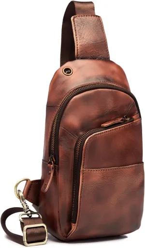 Le'aokuu Men Outdoor Casual Travel Hiking Tea Crossbody Chest Sling Bag Rig One Shoulder Strap Bag Backpack Men Leather (8010 Burgundy)
