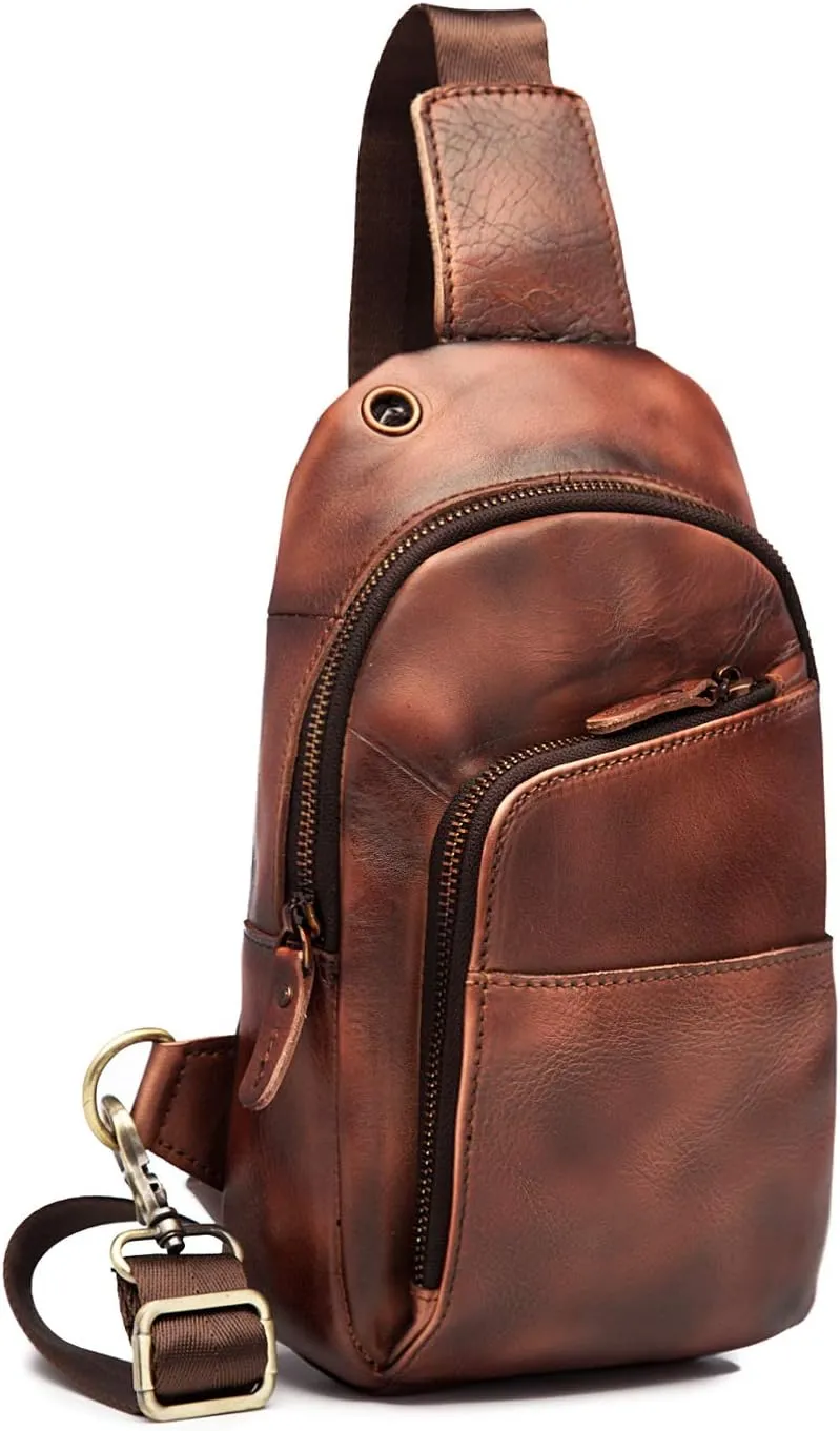 Le'aokuu Men Outdoor Casual Travel Hiking Tea Crossbody Chest Sling Bag Rig One Shoulder Strap Bag Backpack Men Leather (8010 Burgundy)