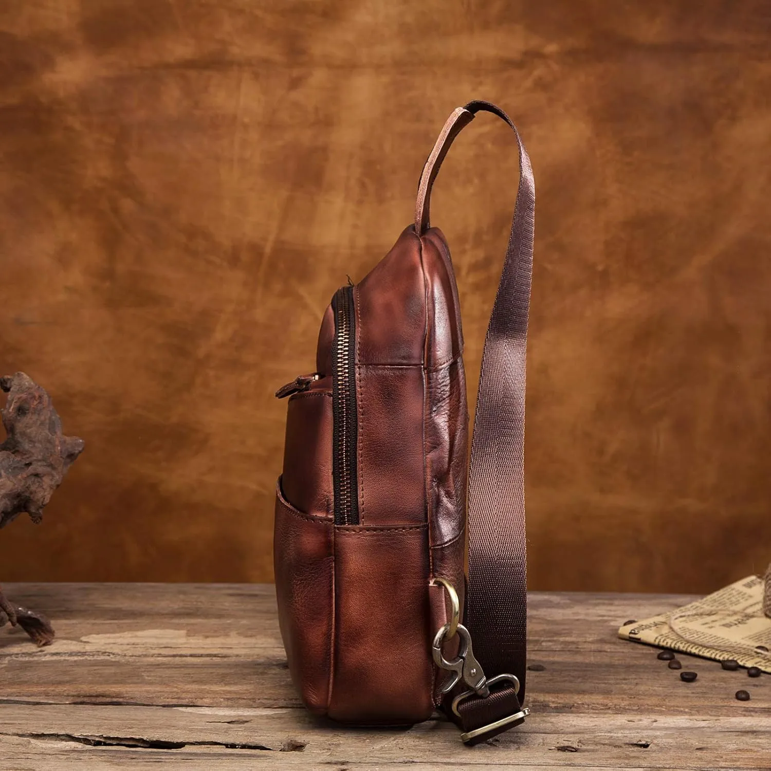 Le'aokuu Men Outdoor Casual Travel Hiking Tea Crossbody Chest Sling Bag Rig One Shoulder Strap Bag Backpack Men Leather (8010 Burgundy)