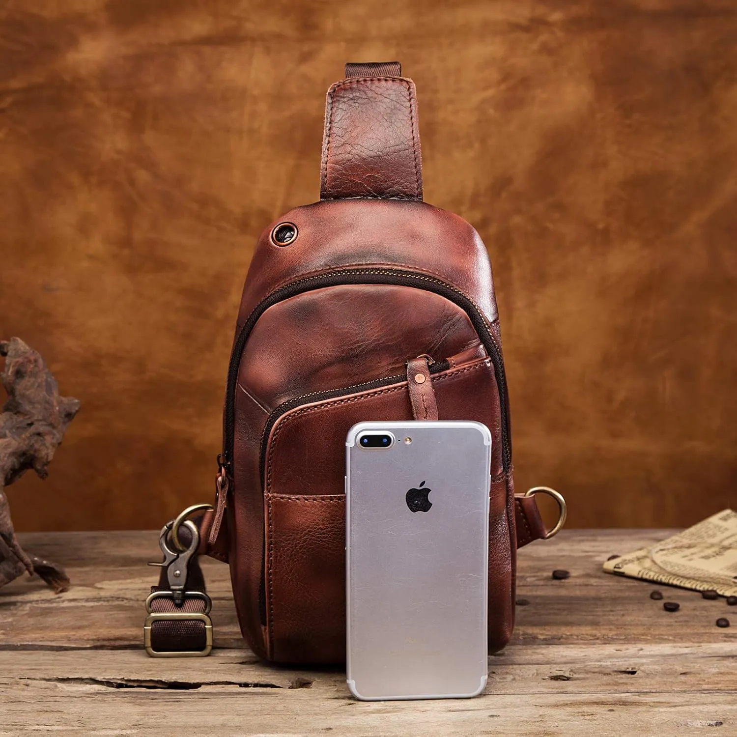 Le'aokuu Men Outdoor Casual Travel Hiking Tea Crossbody Chest Sling Bag Rig One Shoulder Strap Bag Backpack Men Leather (8010 Burgundy)