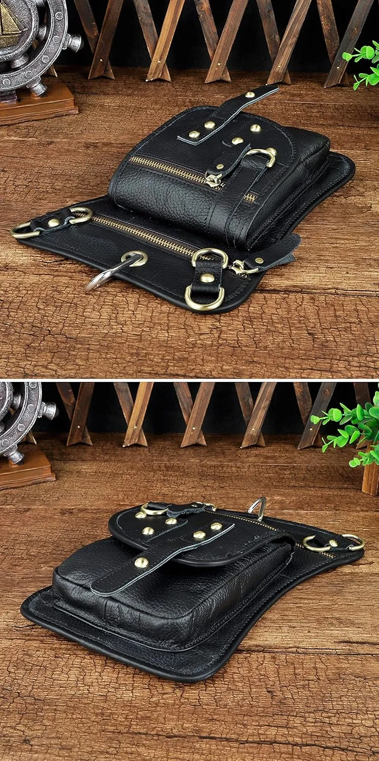 Le'aokuu Mens Genuine Leather Outdoor Sporting Hicking Waist Hip Pack Sling Messenger Shoulder Drop Leg Thigh Bag Pouches For Women (2141 1 Black-thick leather)