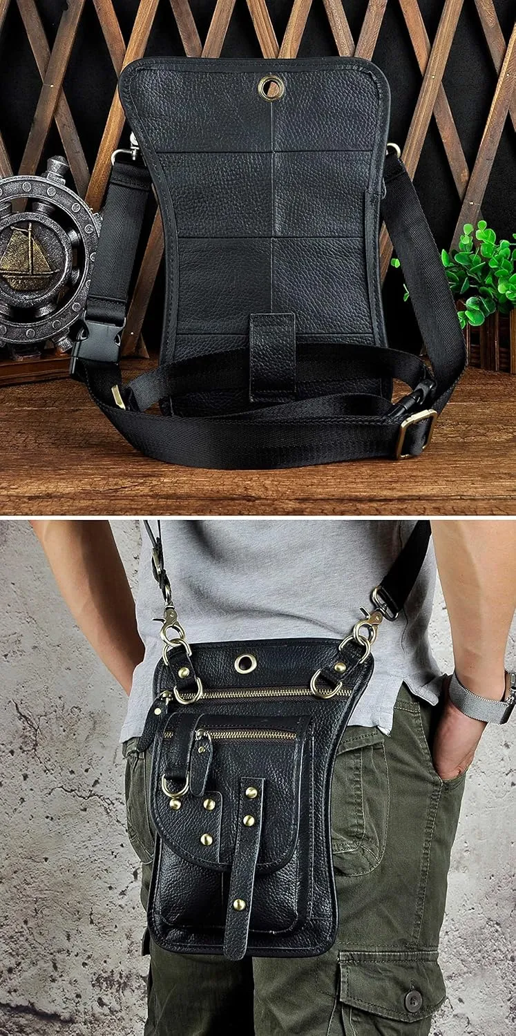 Le'aokuu Mens Genuine Leather Outdoor Sporting Hicking Waist Hip Pack Sling Messenger Shoulder Drop Leg Thigh Bag Pouches For Women (2141 1 Black-thick leather)