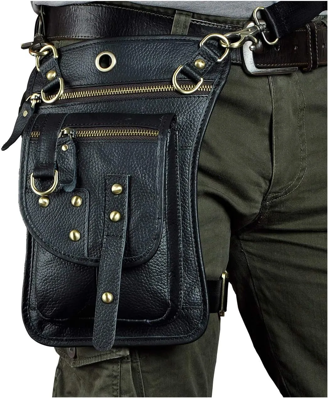 Le'aokuu Mens Genuine Leather Outdoor Sporting Hicking Waist Hip Pack Sling Messenger Shoulder Drop Leg Thigh Bag Pouches For Women (2141 1 Black-thick leather)