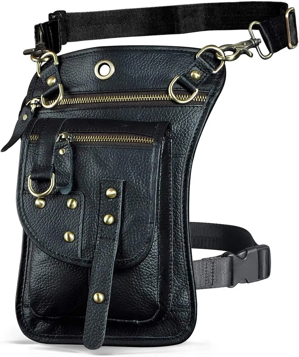 Le'aokuu Mens Genuine Leather Outdoor Sporting Hicking Waist Hip Pack Sling Messenger Shoulder Drop Leg Thigh Bag Pouches For Women (2141 1 Black-thick leather)