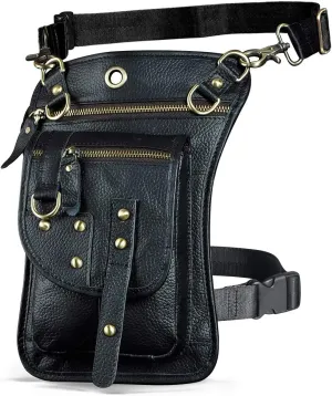 Le'aokuu Mens Genuine Leather Outdoor Sporting Hicking Waist Hip Pack Sling Messenger Shoulder Drop Leg Thigh Bag Pouches For Women (2141 1 Black-thick leather)