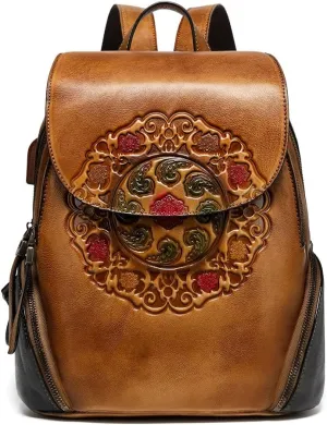 Leather Backpack for Women Organizer Retro Vegetable Tanning leather bag Vintage Embossing Totem (Orange brown)
