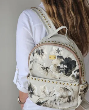 Leather Backpack with Studs Beige X Black