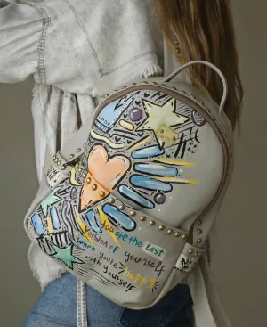 Leather Backpack with Studs Beige