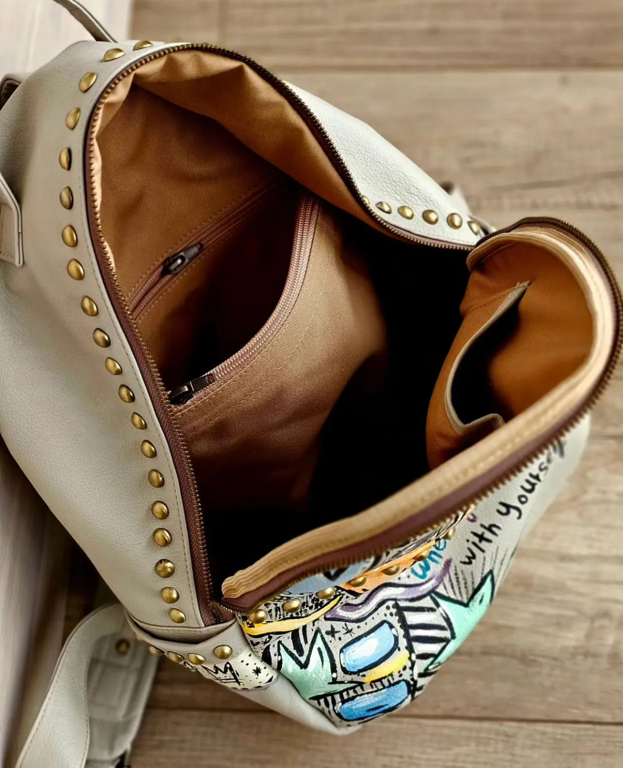 Leather Backpack with Studs Beige