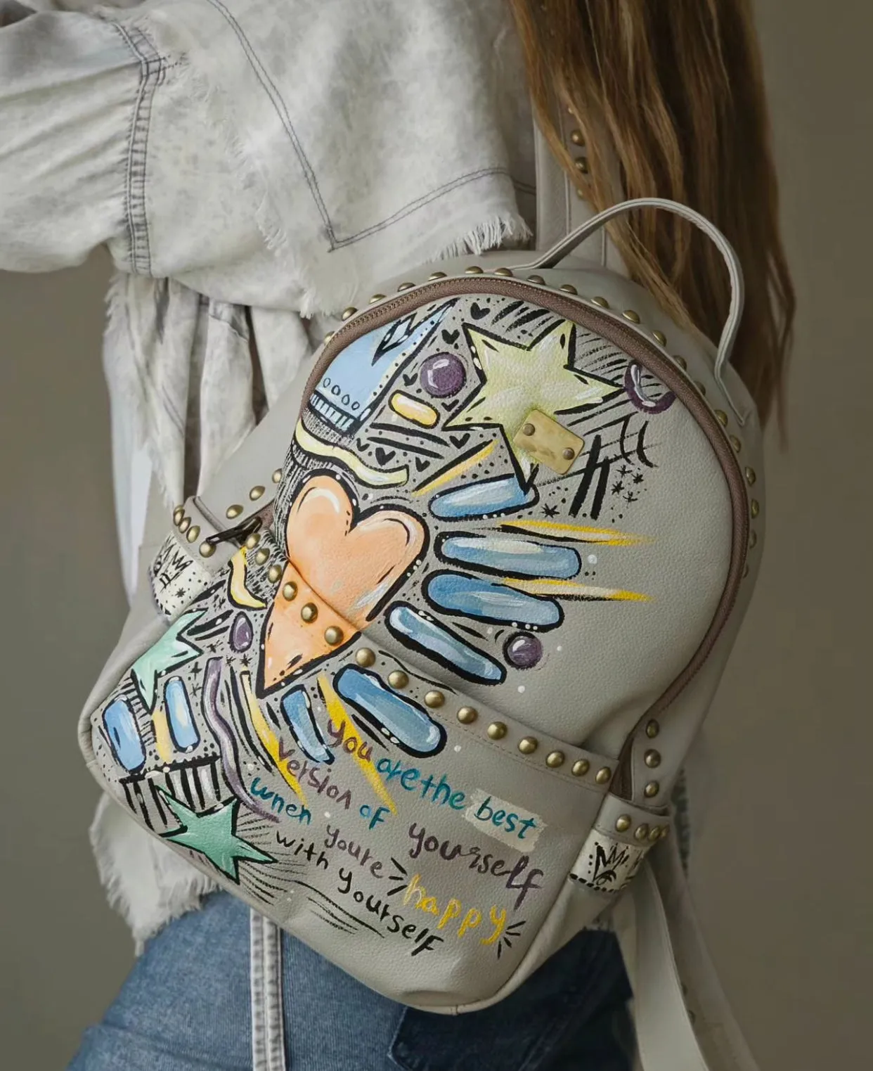 Leather Backpack with Studs Beige