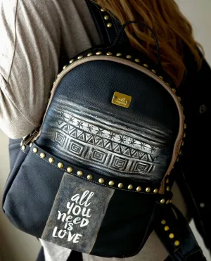 Leather Backpack with Studs Black X Geometric