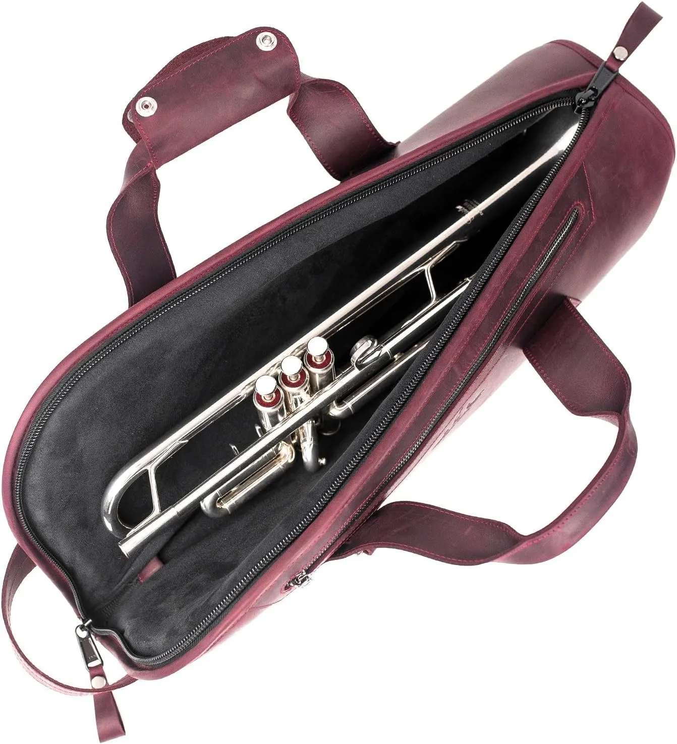 Leather Trumpet Gig Bag. Padded, Lightweight & Water-Resistant, w. Shoulder Strap & Handle. Durable Protection w. Accessory Pocket. Instrument Case Storage & Travel (Trumpet, marsala)