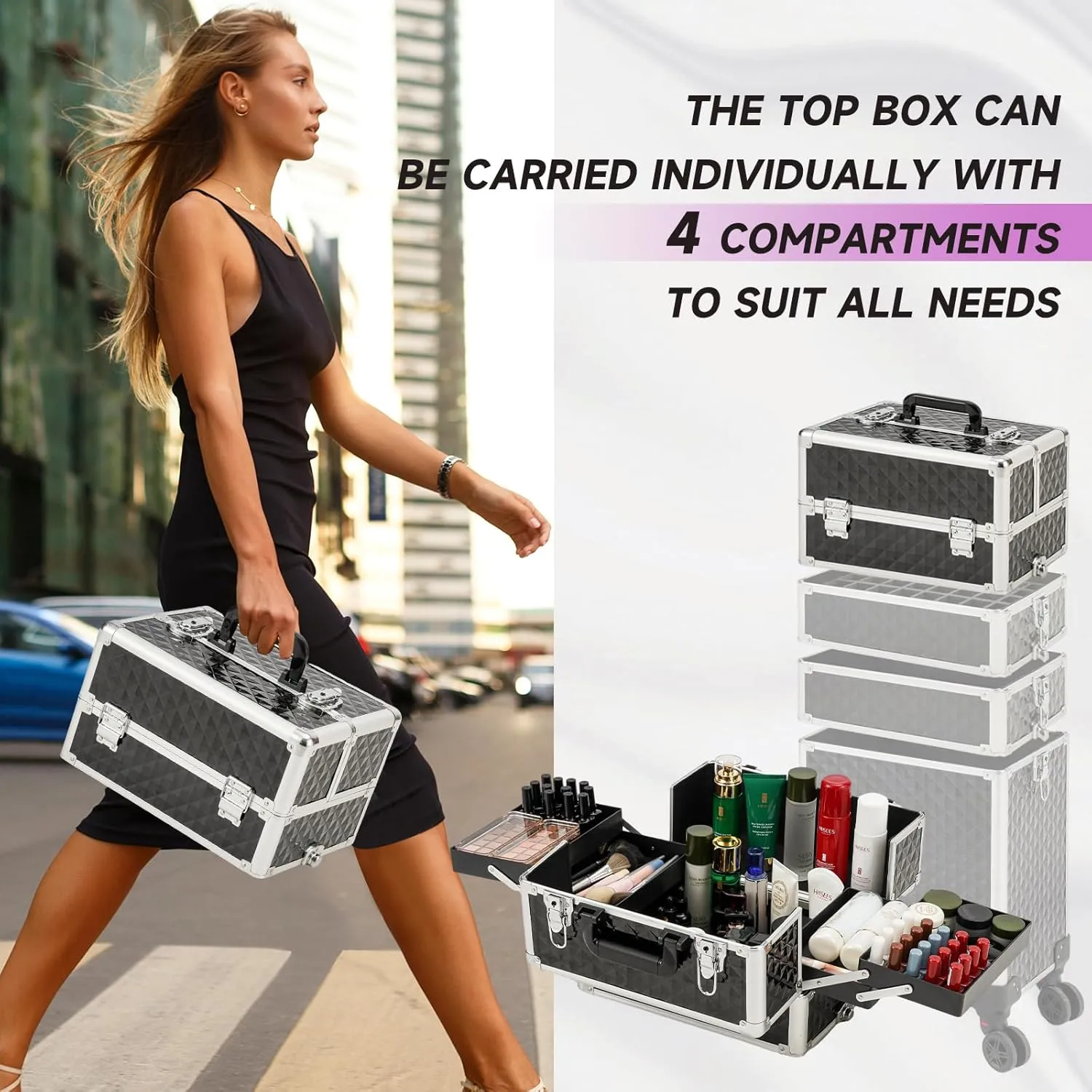 Leeora&Leekoo Portable Multi-Storey Nail Case for Nail Tech Organizer - Wheels Makeup Case Organizer, Cosmetic Case, Makeup Train Case, Make Up Case (Watercube Pattern)