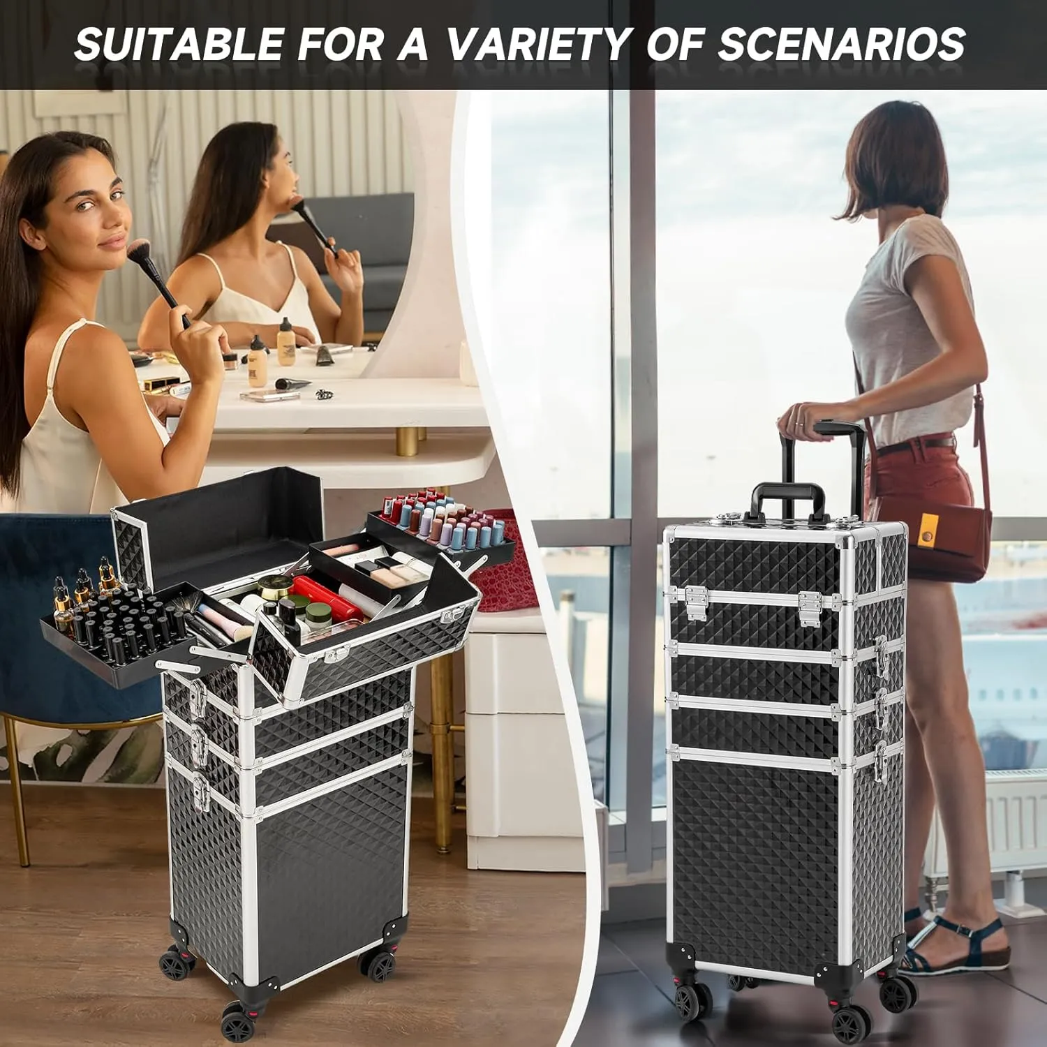 Leeora&Leekoo Portable Multi-Storey Nail Case for Nail Tech Organizer - Wheels Makeup Case Organizer, Cosmetic Case, Makeup Train Case, Make Up Case (Watercube Pattern)