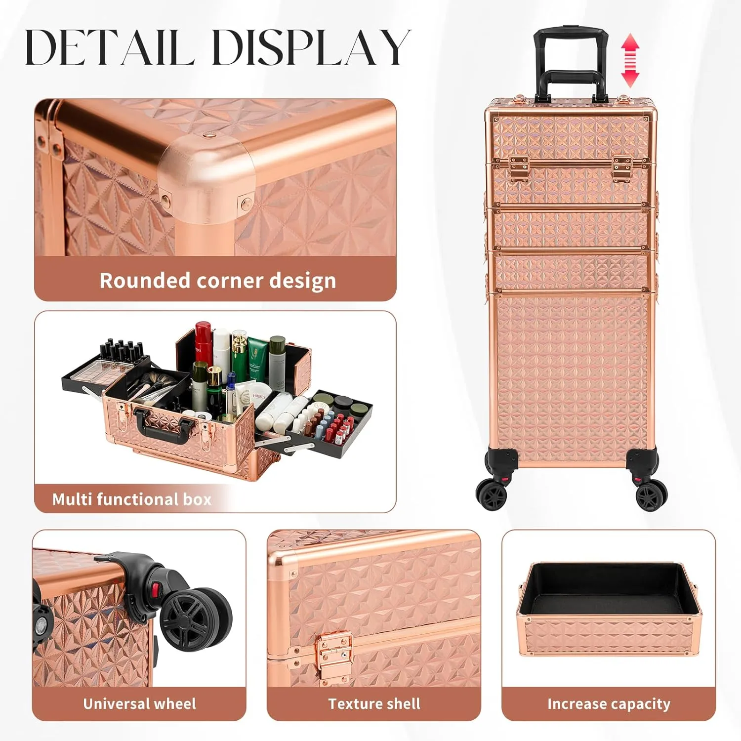 Leeora&Leekoo Portable Multi-Storey Nail Case - Wheels Makeup Case Organizer, Cosmetic Case, Make Up Case (Rose Gold)