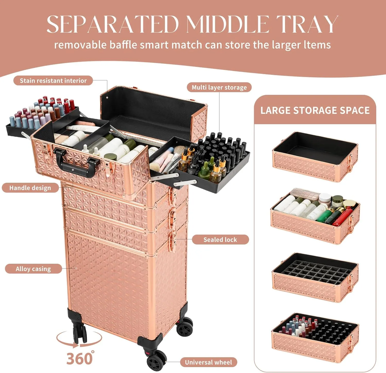 Leeora&Leekoo Portable Multi-Storey Nail Case - Wheels Makeup Case Organizer, Cosmetic Case, Make Up Case (Rose Gold)