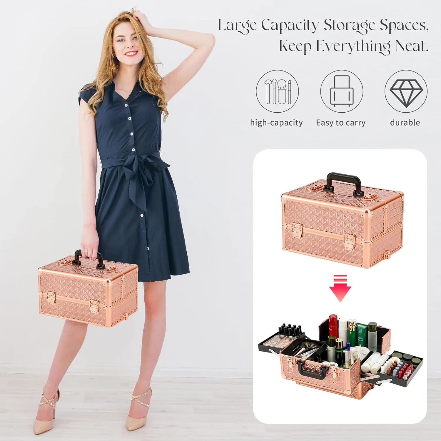 Leeora&Leekoo Portable Multi-Storey Nail Case - Wheels Makeup Case Organizer, Cosmetic Case, Make Up Case (Rose Gold)