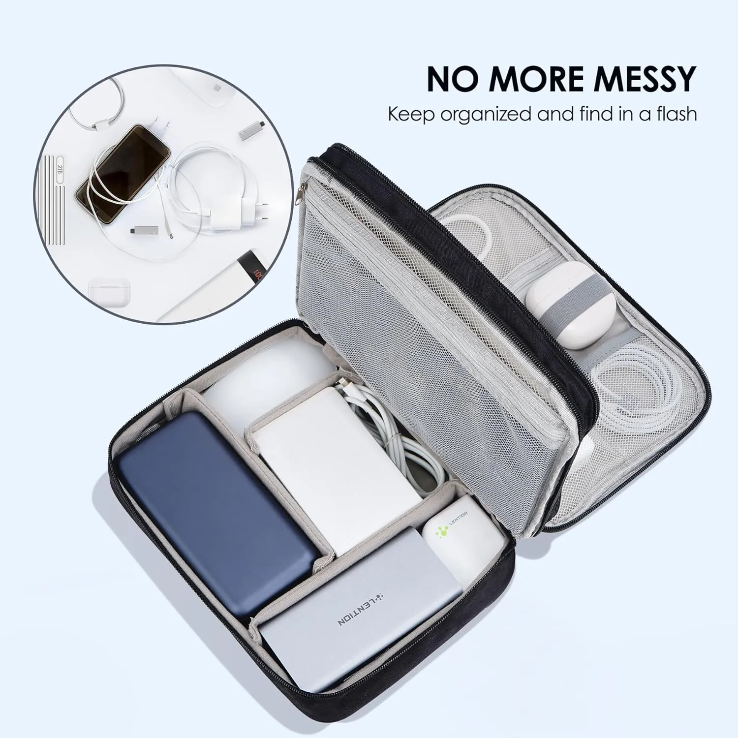 LENTION Cable Electronics Organizer Bag Pouch, Travel Accessories Carry Case Portable Waterproof Double Layers All-in-One Storage Tech for Cord, Charger, Power Bank, Earphone Black