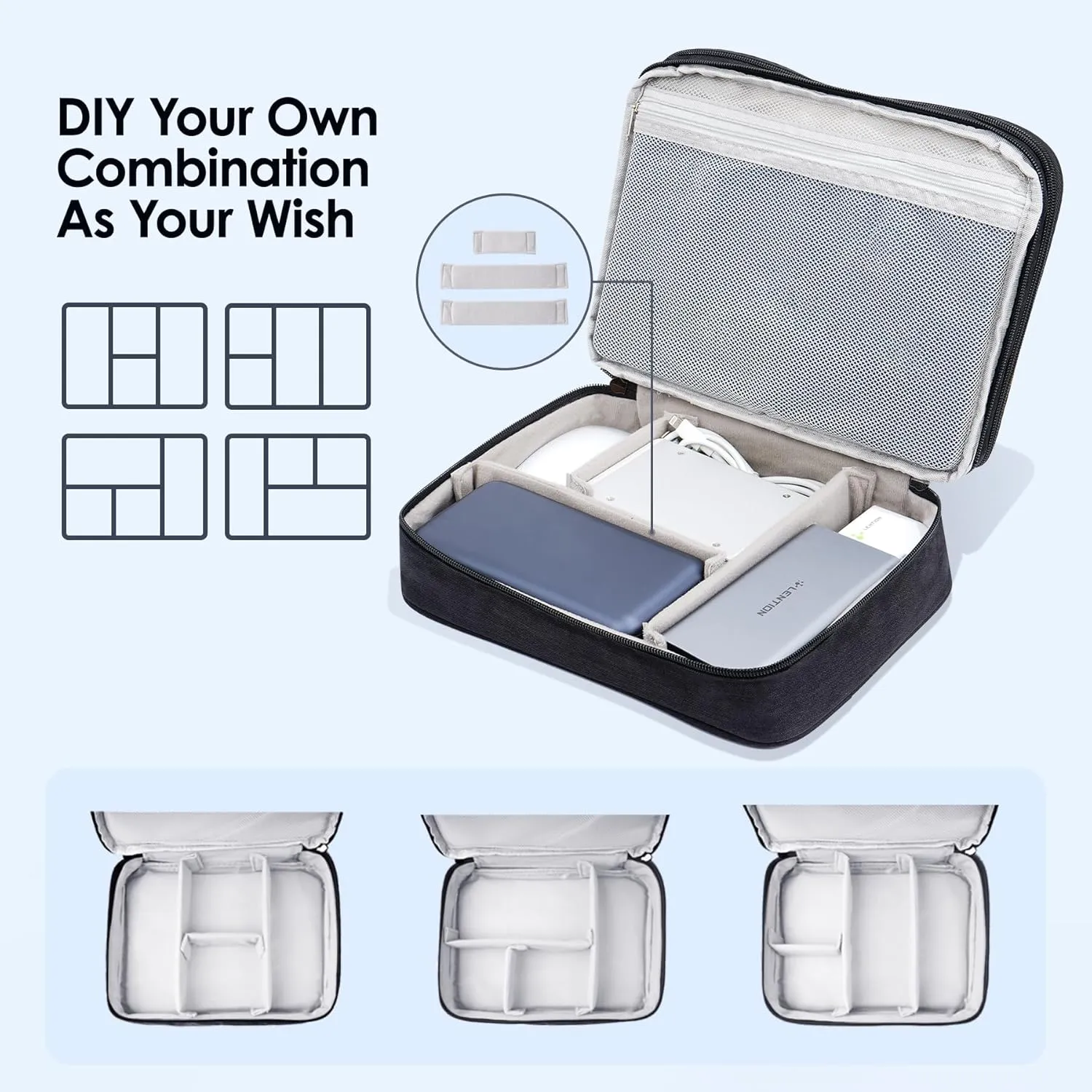 LENTION Cable Electronics Organizer Bag Pouch, Travel Accessories Carry Case Portable Waterproof Double Layers All-in-One Storage Tech for Cord, Charger, Power Bank, Earphone Black