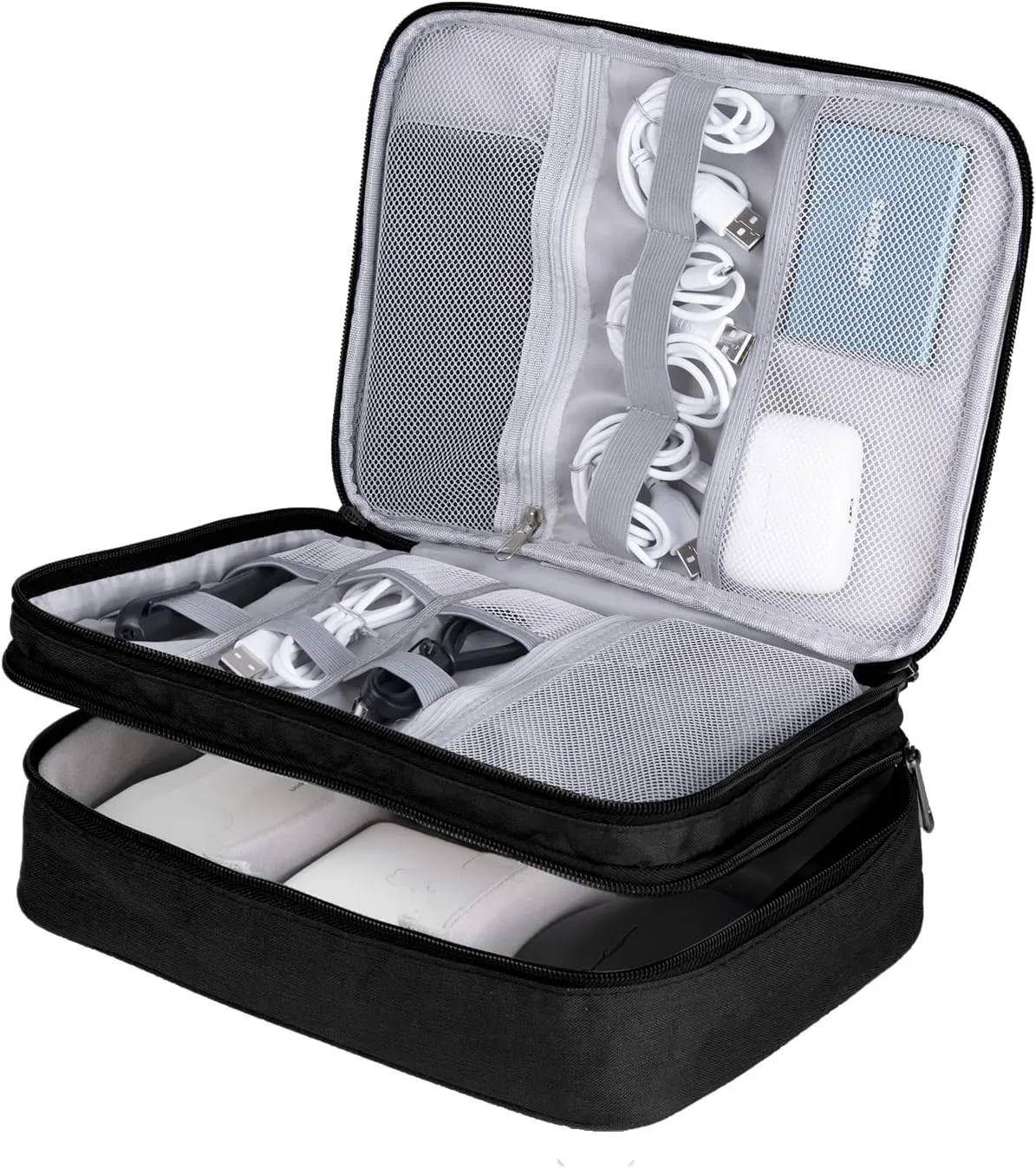 LENTION Cable Electronics Organizer Bag Pouch, Travel Accessories Carry Case Portable Waterproof Double Layers All-in-One Storage Tech for Cord, Charger, Power Bank, Earphone Black